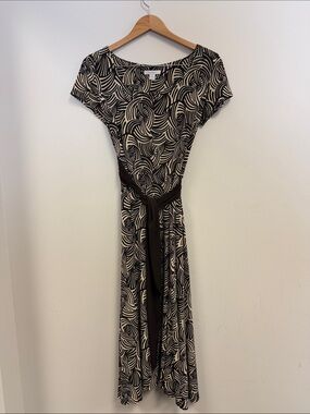dressbarn Black and Cream Patterned Midi Wrap Dress